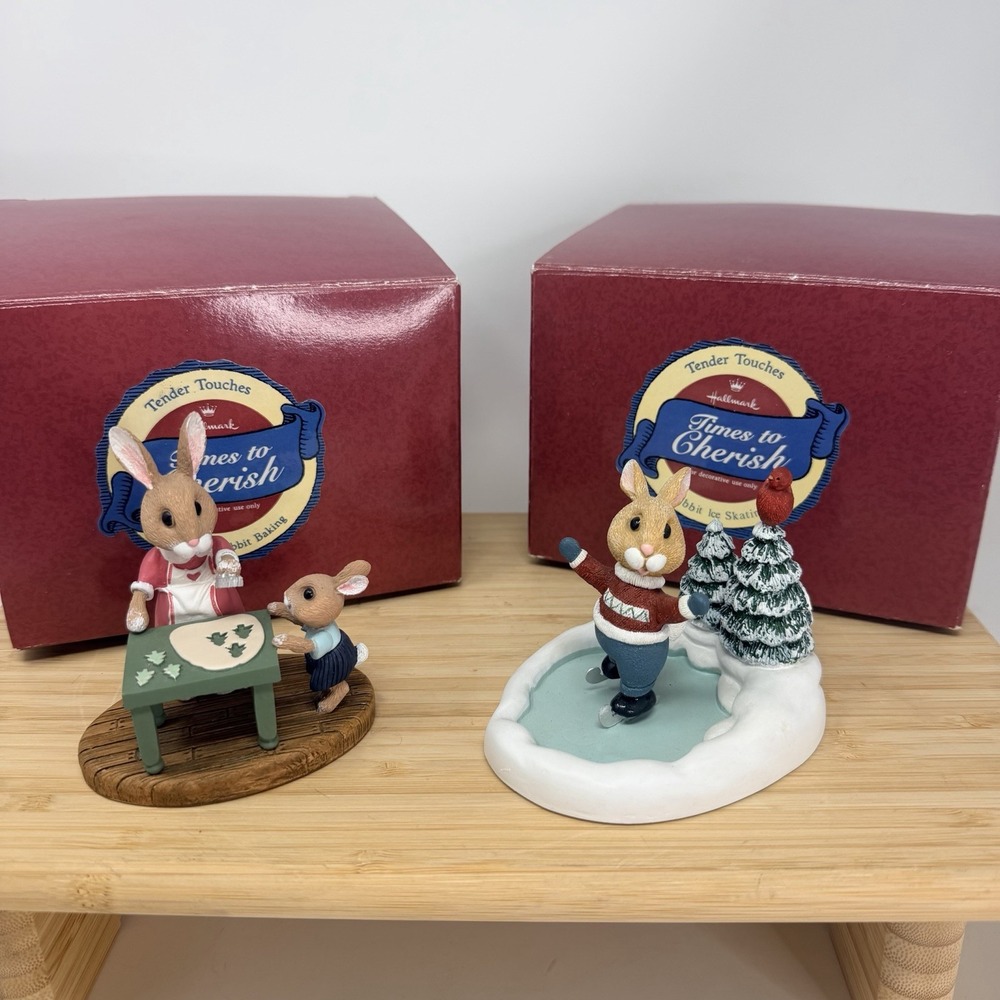 Hallmark Tender Touches Rabbit Ice skating & Mother Bunny Baking 1988 1989 Box
